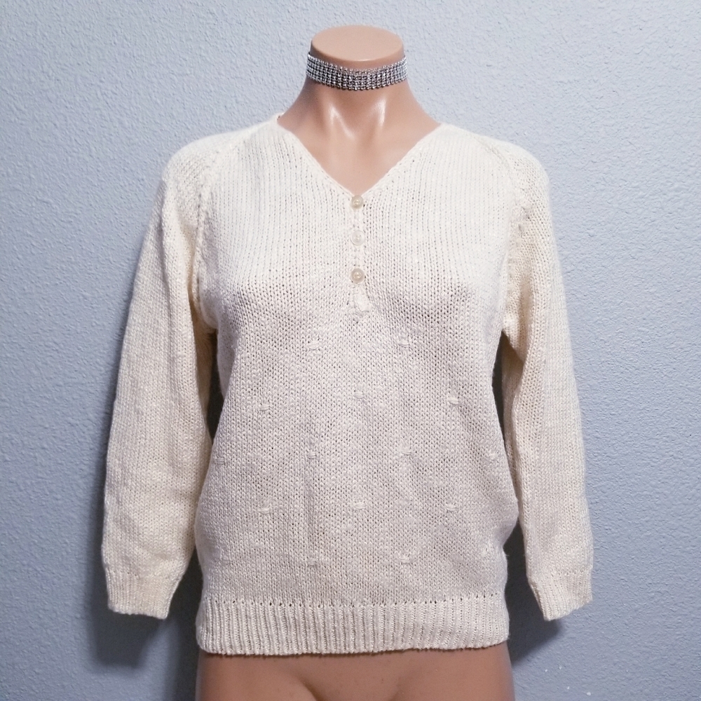 Vintage 80's retro glam cream neutral v neck granny core sweater MEDIUM